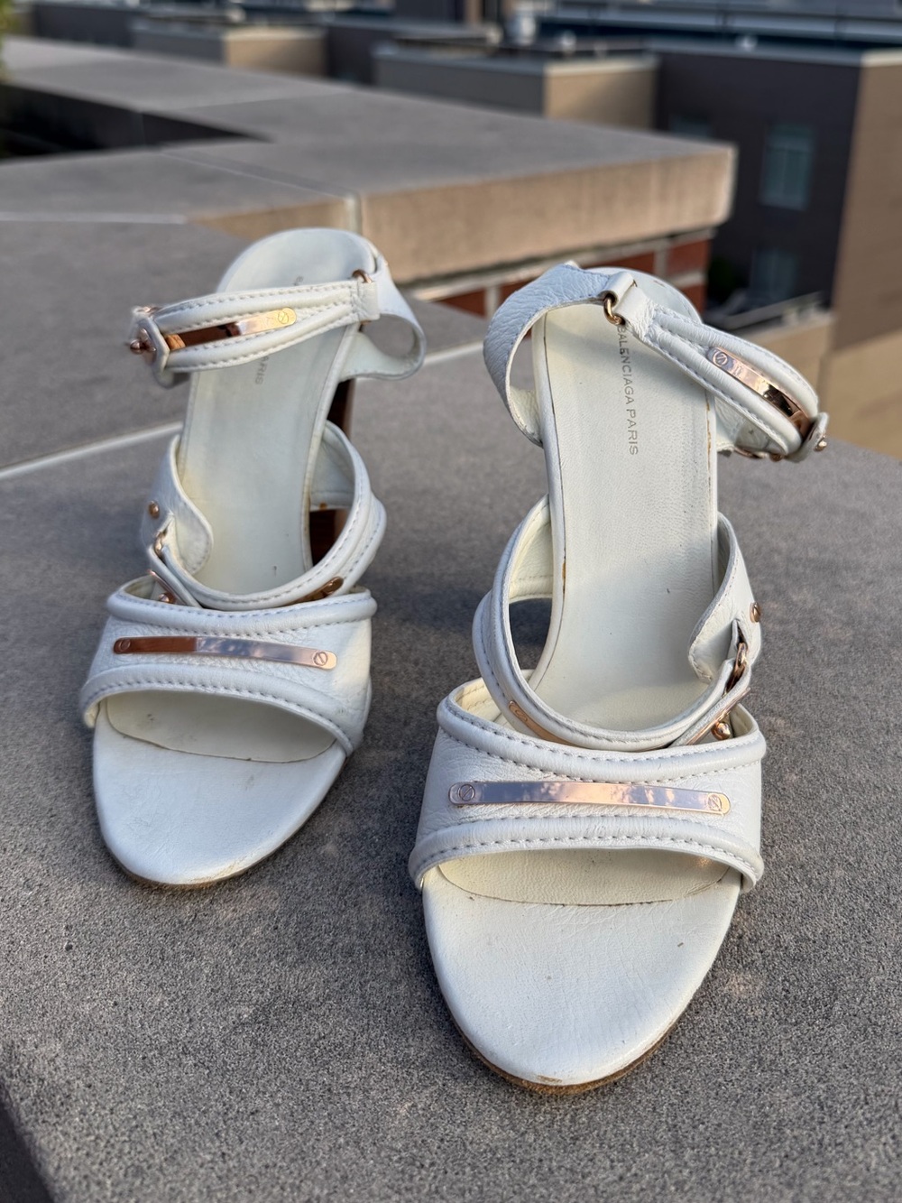 Balenciaga White Leather Strappy Heels with Rose Gold Accent